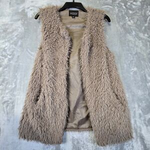 Maddison Shaggy Faux Fur Womens Vest Small Brown Taupe Pockets